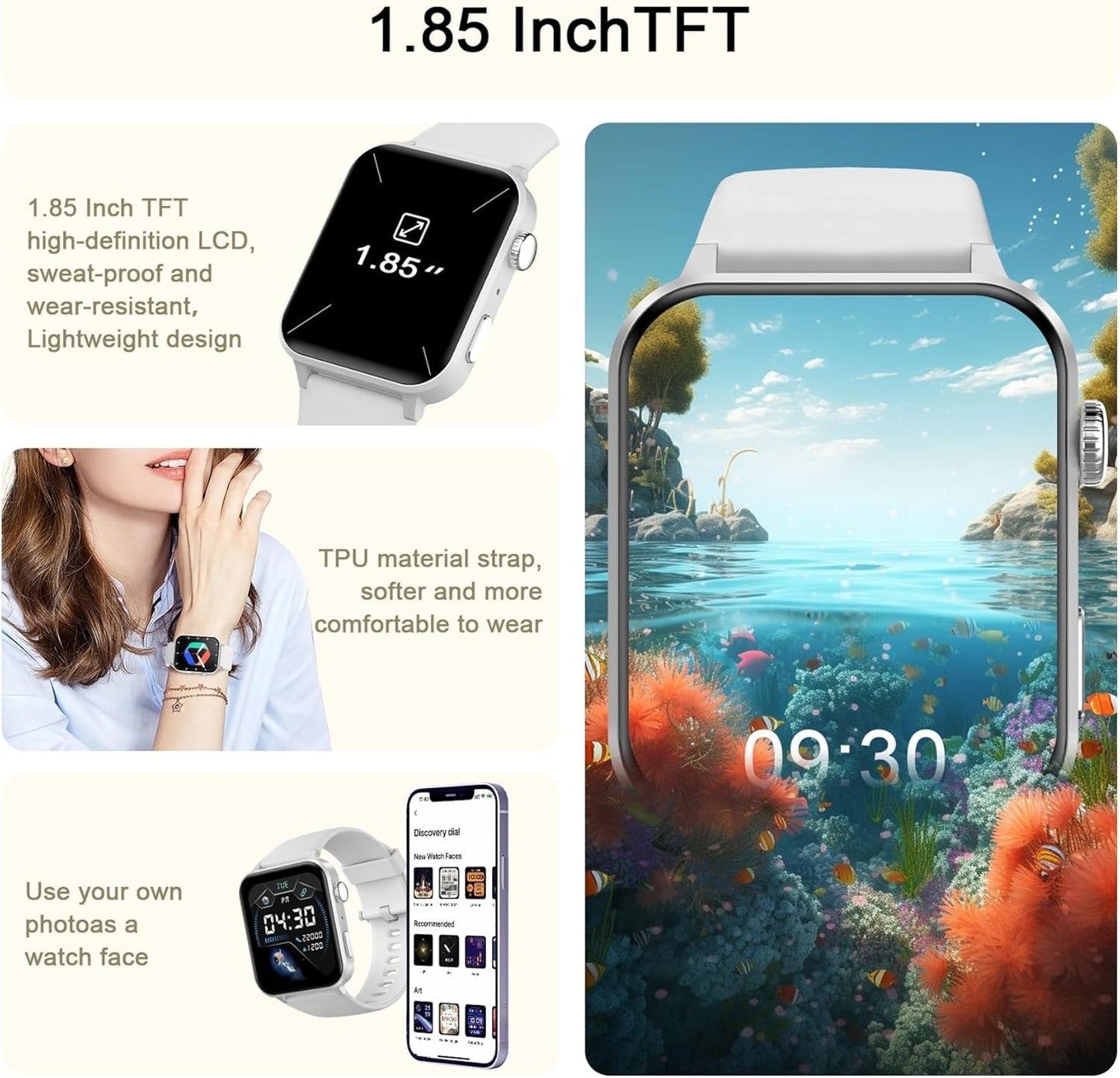 Smart Watch for Women (Answer/Make Calls), Voice Assistant, 1.85" Fitness Watch with SpO2 Heart Rate Sleep Monitor, 100 + Sports, IP68 Waterproof Step Counter Smartwatch for iOS Android Bluetooth Smartphone Wearable Communication Lcd Memory Screen Speaker