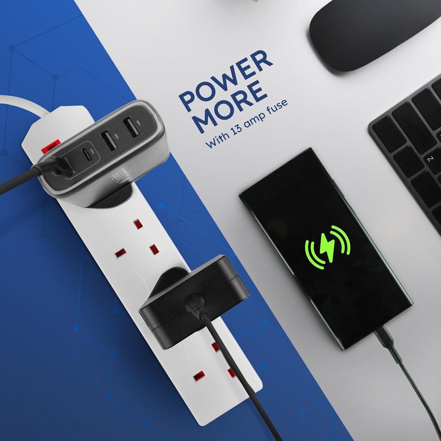 White Electric Extension Lead - 4 Gang, 1 Metre Cable with UK Plug & 3 Pin Socket Wall Mountable & Multi Socket Mains Strip for Home,Bedroom, Kitchen,