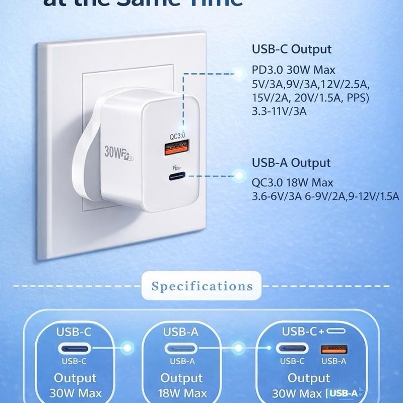30W Fast Charger Plug PD USB-C & USB-A | Dual Port Quick Charge | UK 3-Pin | For iPhone Samsung iPad