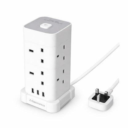 UK 3 Tower Extension 8 Outlets&4 USB Ports 13A 3250W Surge Protected- 3 Sided Outlet Extender- Surge Protector Power Strip- Desktop Charging Station with Overload Protection multi plugs electric cable
