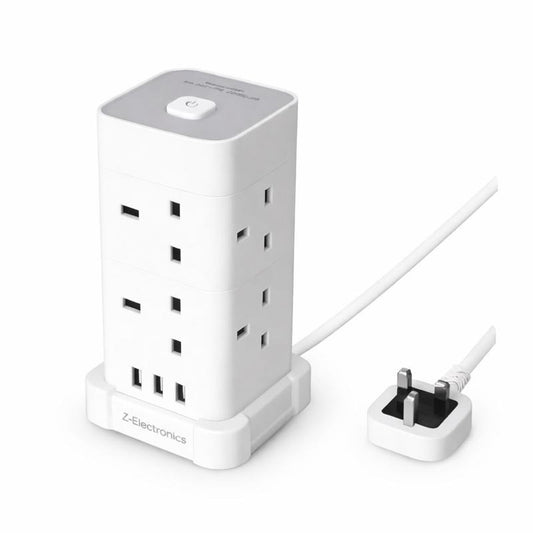 UK 3 Tower Extension 8 Outlets&4 USB Ports 13A 3250W Surge Protected- 3 Sided Outlet Extender- Surge Protector Power Strip- Desktop Charging Station with Overload Protection multi plugs electric cable