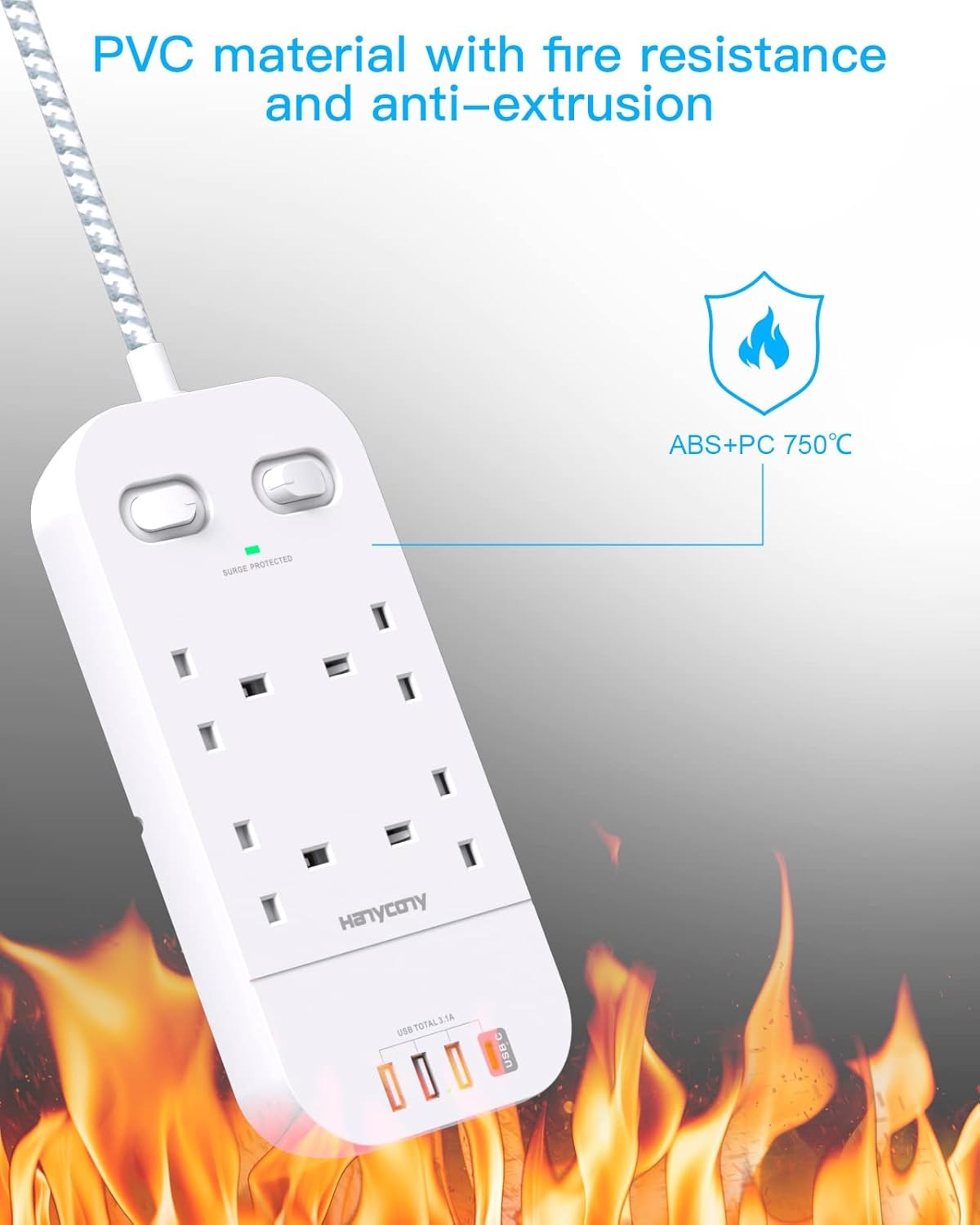 Surge Protected Extension Lead with USB Slots – Multi Plug Power Strip Extension Cable with Double Switches, Plug Extension Socket 1.8M Braided Extension Cord for Home Office Accessories