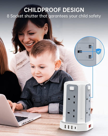Extension Lead with USB Slots 3M, (13A 3250W) 4 USB Ports and 8 Way, Surge Protection with 4 Independent Control Switch, Extension Cable for Office multi plugs power strip