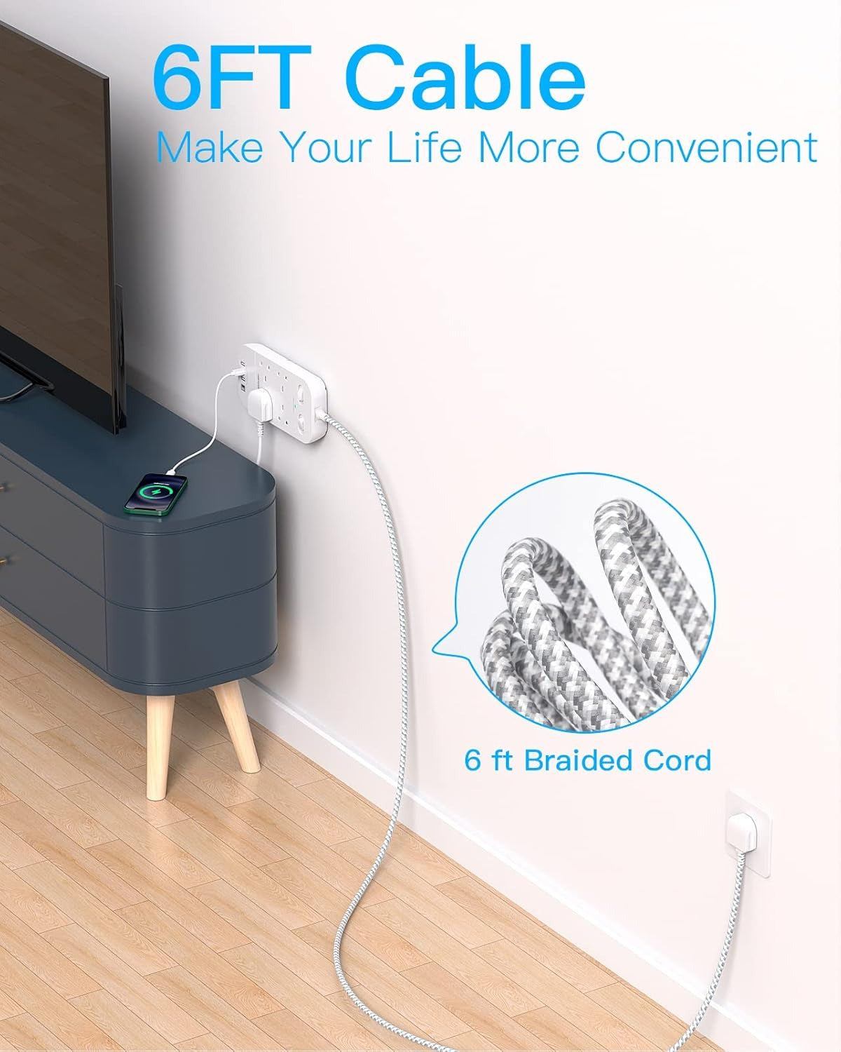 Surge Protected Extension Lead with USB Slots – Multi Plug Power Strip Extension Cable with Double Switches, Plug Extension Socket 1.8M Braided Extension Cord for Home Office Accessories