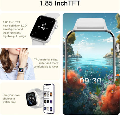 Smart Watch for Women (Answer/Make Calls), Voice Assistant, 1.85" Fitness Watch with SpO2 Heart Rate Sleep Monitor, 100 + Sports, IP68 Waterproof Step Counter Smartwatch for iOS Android Bluetooth Smartphone Wearable Communication Lcd Memory Screen Speaker