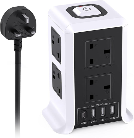 Tower Extension Lead with USB C Slots, 8 Way Multi Plug Extension Tower (13A 3250W)，Surge Protected with Switch, 2M Extension Cable, Plug Socket Extension Cord for Home, Office plugs power strip