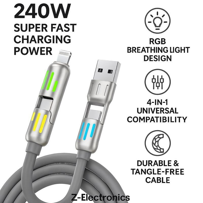 [Pack of 2] 240W 4-in-1 USB C Cable, Multi-functional Data Cable for Smartphones and Electronics - Silicone, Charger