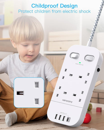 Surge Protected Extension Lead with USB Slots – Multi Plug Power Strip Extension Cable with Double Switches, Plug Extension Socket 1.8M Braided Extension Cord for Home Office Accessories