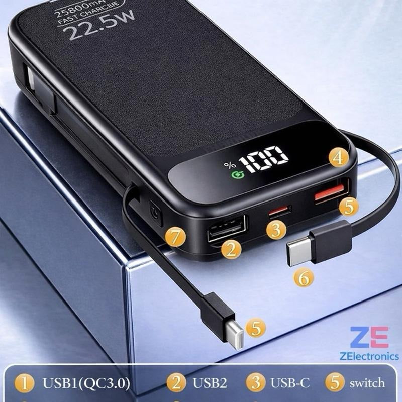 [Z Electronics] 25800mAh Power Bank 22.5W Fast Charging, USB-C & USB Portable Charger with Built-in Cables, LED Display, 5 Output 1 Input, Compatible with iPhone, Samsung, iPad & More