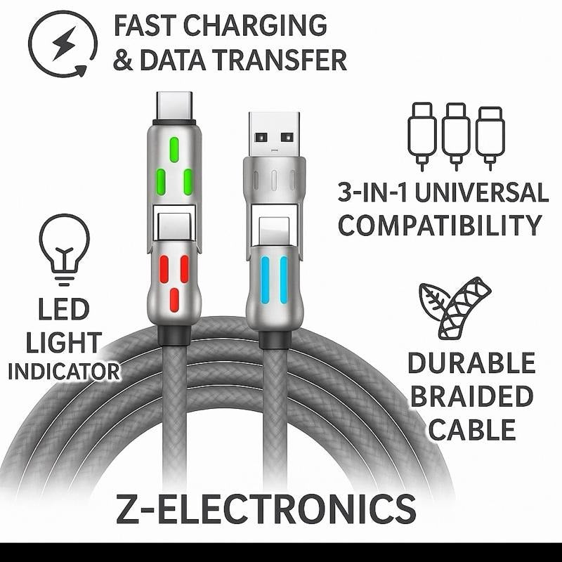 [Pack of 2] 240W 4-in-1 USB C Cable, Multi-functional Data Cable for Smartphones and Electronics - Silicone, Charger