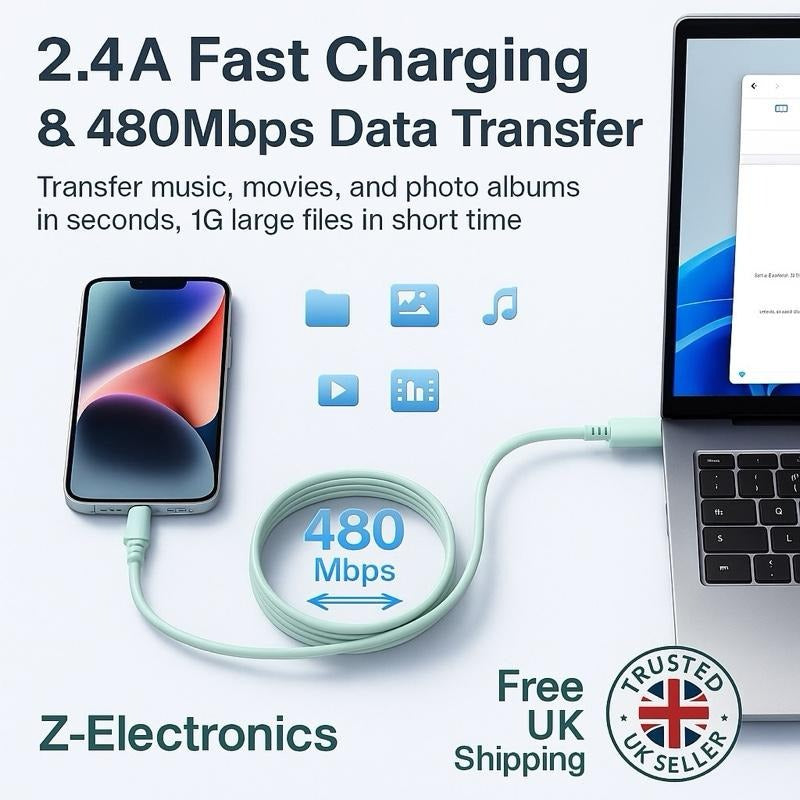 Z-Electronics 1.8M MFi Certified Lightning Charging Cable 3-Pack Multi-Colour USB-A to Lightning Fast Charging Cable for iPhone & iPad Durable Tangle-Free UK Seller