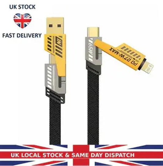 [ UK SELLER] Dual Head Type-c Data USB 4-in-1 PD 65W Fast Charging Cable Flash Charging Cable For iPhone15/14/13/12/11 Pro Max/XS MAX/XR/XS/X/8/iPad/Samsung Notebook Phone Charging Cable Smartphone Cellphone Mobile Electronic multi charger Alloy Android