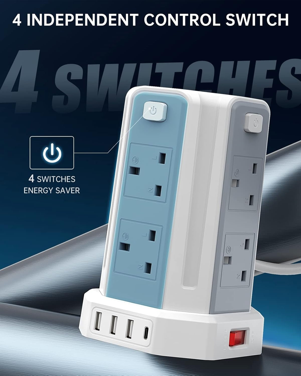 Extension Lead with USB Slots 3M, (13A 3250W) 4 USB Ports and 8 Way, Surge Protection with 4 Independent Control Switch, Extension Cable for Office multi plugs power strip