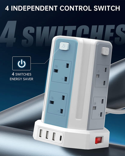 Extension Lead with USB Slots 3M, (13A 3250W) 4 USB Ports and 8 Way, Surge Protection with 4 Independent Control Switch, Extension Cable for Office multi plugs power strip