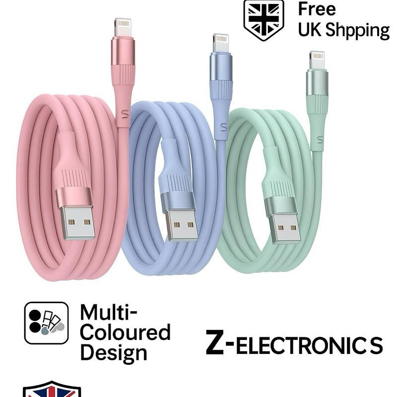 Z-Electronics 1.8M MFi Certified Lightning Charging Cable 3-Pack Multi-Colour USB-A to Lightning Fast Charging Cable for iPhone & iPad Durable Tangle-Free UK Seller