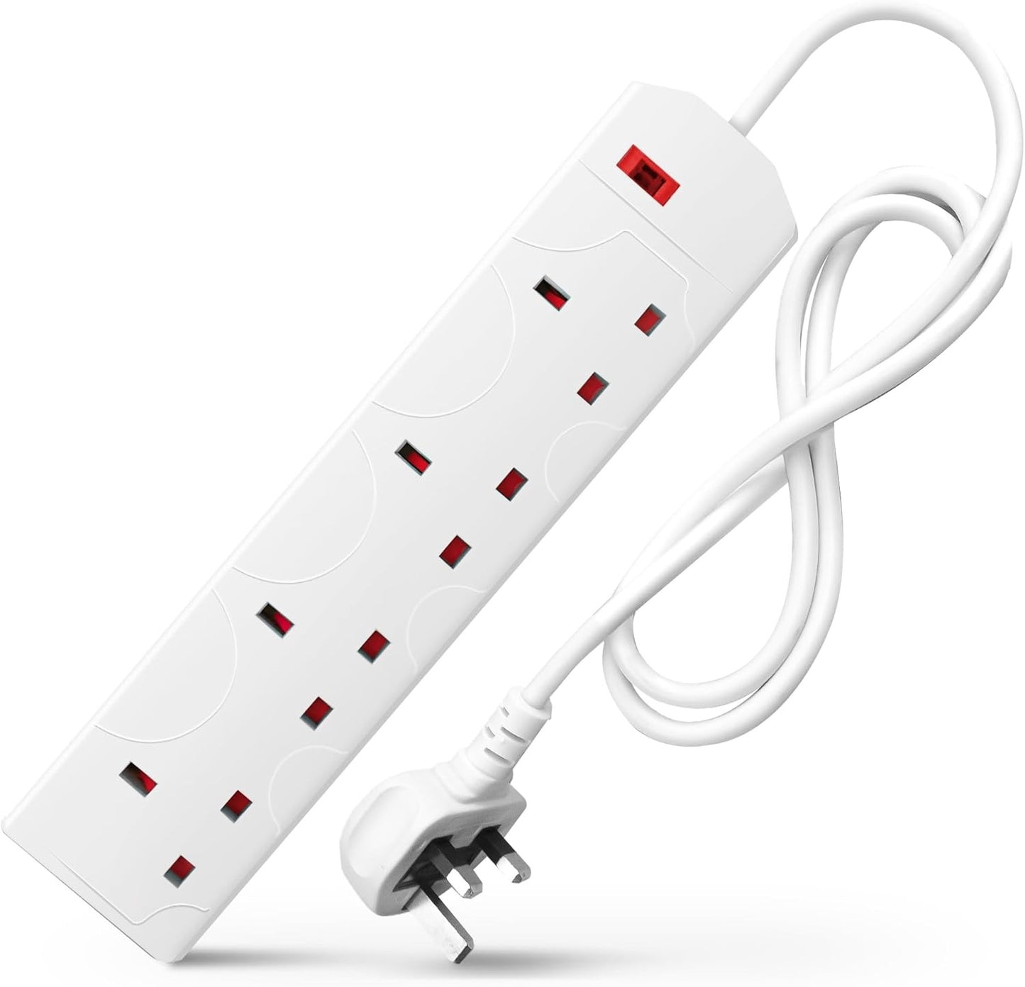 White Electric Extension Lead - 4 Gang, 1 Metre Cable with UK Plug & 3 Pin Socket Wall Mountable & Multi Socket Mains Strip for Home,Bedroom, Kitchen,