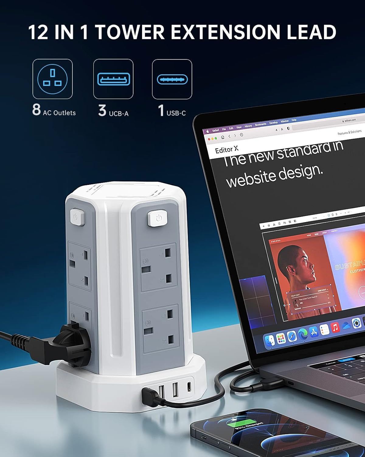 Extension Lead with USB Slots 3M, (13A 3250W) 4 USB Ports and 8 Way, Surge Protection with 4 Independent Control Switch, Extension Cable for Office multi plugs power strip