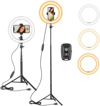 [MASSIVE SALE] 10” LED Ring Light with Tripod Stand & Phone Holder, 3 Light Modes & 10 Brightness Levels, Dimmable Selfie Ring Light with Remote for TikTok, YouTube, Makeup & Photography