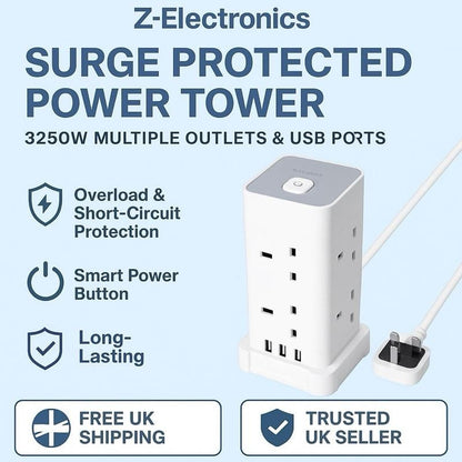 UK 3 Tower Extension 8 Outlets&4 USB Ports 13A 3250W Surge Protected- 3 Sided Outlet Extender- Surge Protector Power Strip- Desktop Charging Station with Overload Protection multi plugs electric cable