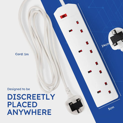 White Electric Extension Lead - 4 Gang, 1 Metre Cable with UK Plug & 3 Pin Socket Wall Mountable & Multi Socket Mains Strip for Home,Bedroom, Kitchen,