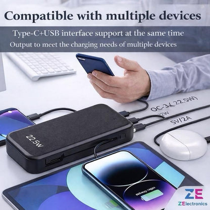 [Z Electronics] 25800mAh Power Bank 22.5W Fast Charging, USB-C & USB Portable Charger with Built-in Cables, LED Display, 5 Output 1 Input, Compatible with iPhone, Samsung, iPad & More