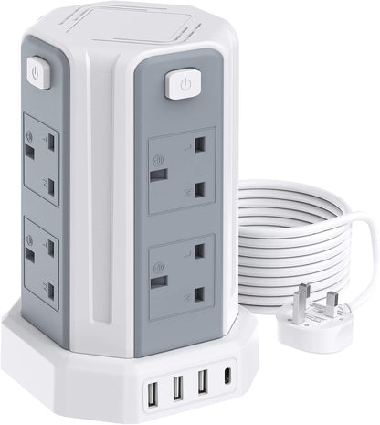 Extension Lead with USB Slots 3M, (13A 3250W) 4 USB Ports and 8 Way, Surge Protection with 4 Independent Control Switch, Extension Cable for Office multi plugs power strip