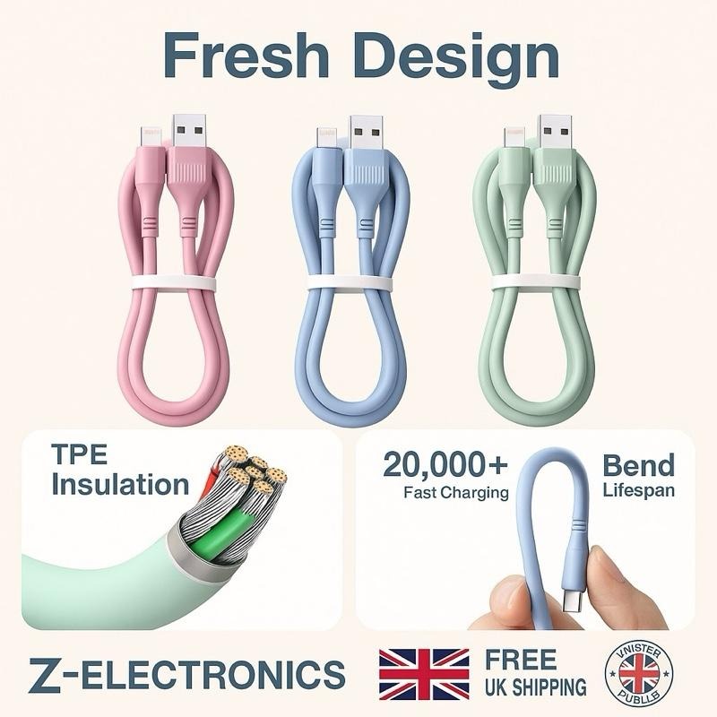 Z-Electronics 1.8M MFi Certified Lightning Charging Cable 3-Pack Multi-Colour USB-A to Lightning Fast Charging Cable for iPhone & iPad Durable Tangle-Free UK Seller