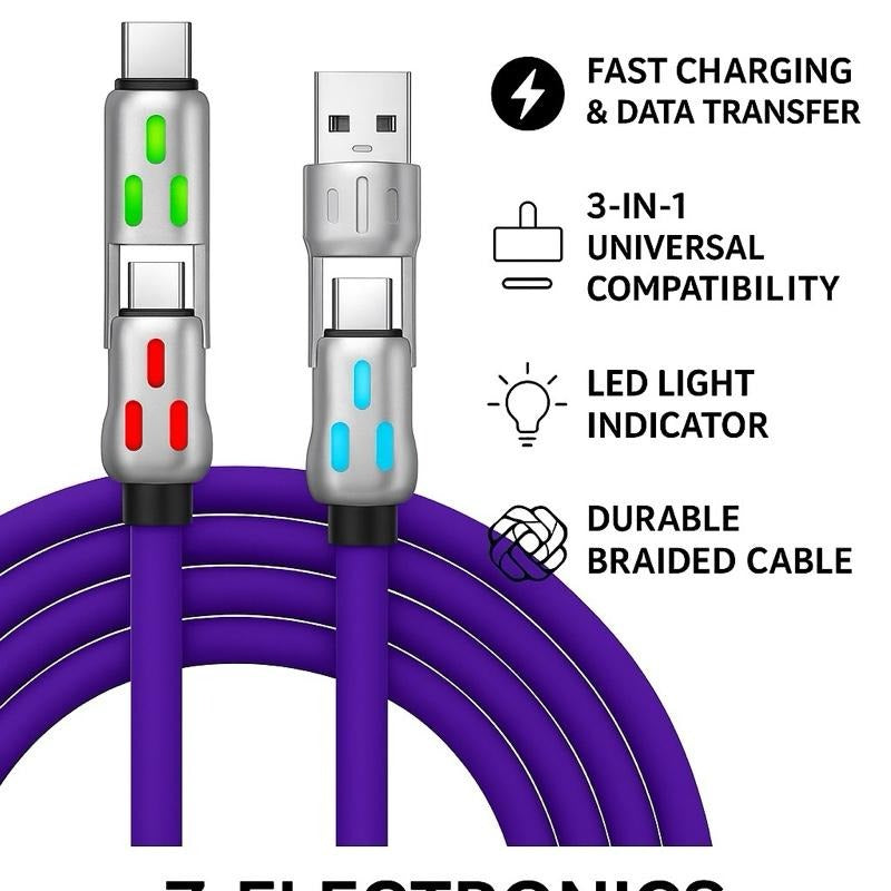 [Pack of 2] 240W 4-in-1 USB C Cable, Multi-functional Data Cable for Smartphones and Electronics - Silicone, Charger