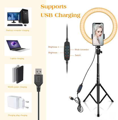 [MASSIVE SALE] 10” LED Ring Light with Tripod Stand & Phone Holder, 3 Light Modes & 10 Brightness Levels, Dimmable Selfie Ring Light with Remote for TikTok, YouTube, Makeup & Photography