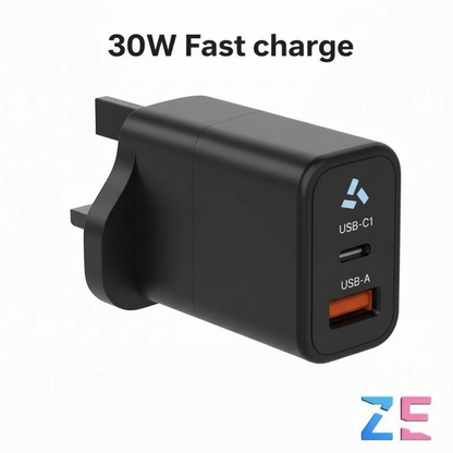 30W Fast Charger Plug PD USB-C & USB-A | Dual Port Quick Charge | UK 3-Pin | For iPhone Samsung iPad