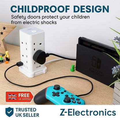 UK 3 Tower Extension 8 Outlets&4 USB Ports 13A 3250W Surge Protected- 3 Sided Outlet Extender- Surge Protector Power Strip- Desktop Charging Station with Overload Protection multi plugs electric cable