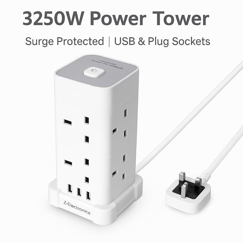 UK 3 Tower Extension 8 Outlets&4 USB Ports 13A 3250W Surge Protected- 3 Sided Outlet Extender- Surge Protector Power Strip- Desktop Charging Station with Overload Protection multi plugs electric cable