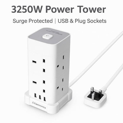 UK 3 Tower Extension 8 Outlets&4 USB Ports 13A 3250W Surge Protected- 3 Sided Outlet Extender- Surge Protector Power Strip- Desktop Charging Station with Overload Protection multi plugs electric cable