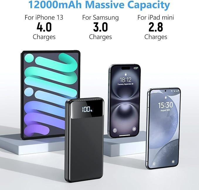 Power Bank Fast Charging 12000mAh, Portable Charger PD22.5W, PD3.0 QC4.0 USB-C/USB-A Output, Phone Battery Pack for iPhone 16 15 14 13 Plus Pro Max Mini,Glaxy,Xiaomi Compact Device Smartphone Chargeable