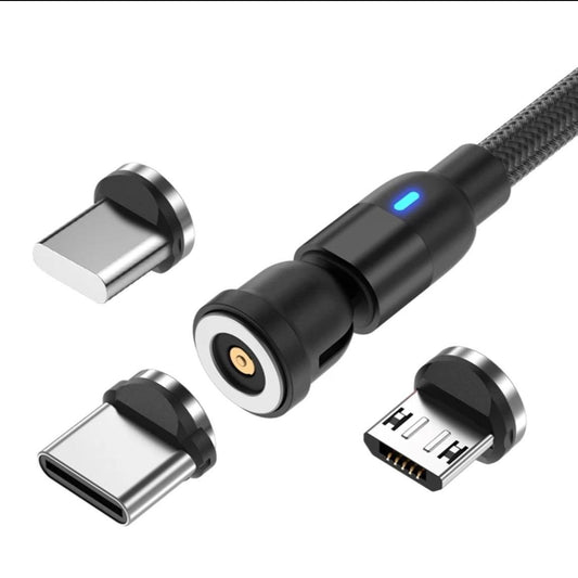 Nylon Magnetic Charging Cable, 360° Rotation USB Magnetic Phone Charger with Led Light, 3in1 Braided Multi Magnetic Charger for Micro USB/Type C/I- (1 Meter) Durable Smartphone Cellphone Electronic