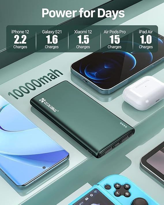 Power Bank 10000 mAh, Slim & Light Portable Charger, Battery Pack Fast Charging with USB-C (In & Out), 2 USB Ports Output & Micro USB Input, Powerbank Compatible with iPhone, Samsung, iPad Smartphone Chargeable