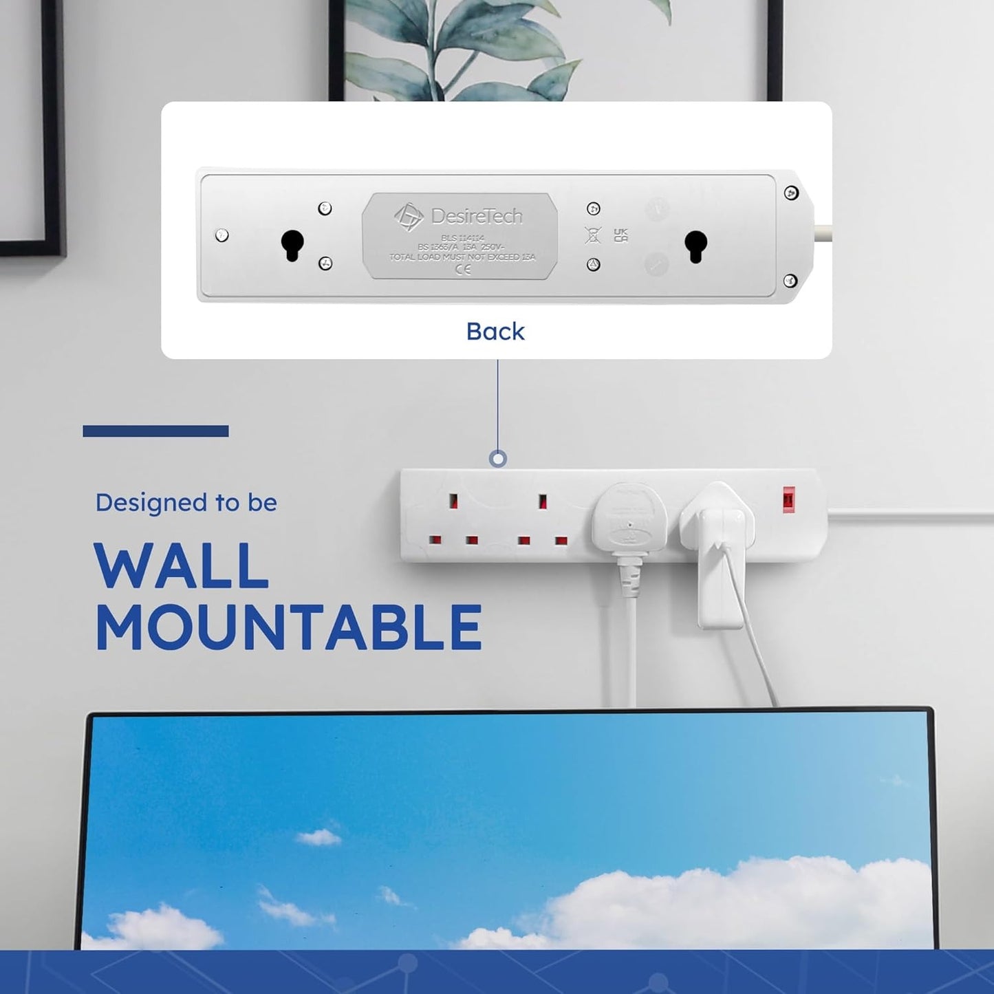 White Electric Extension Lead - 4 Gang, 1 Metre Cable with UK Plug & 3 Pin Socket Wall Mountable & Multi Socket Mains Strip for Home,Bedroom, Kitchen,