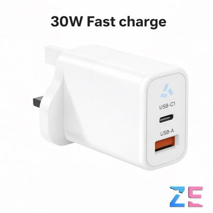 30W Fast Charger Plug PD USB-C & USB-A | Dual Port Quick Charge | UK 3-Pin | For iPhone Samsung iPad