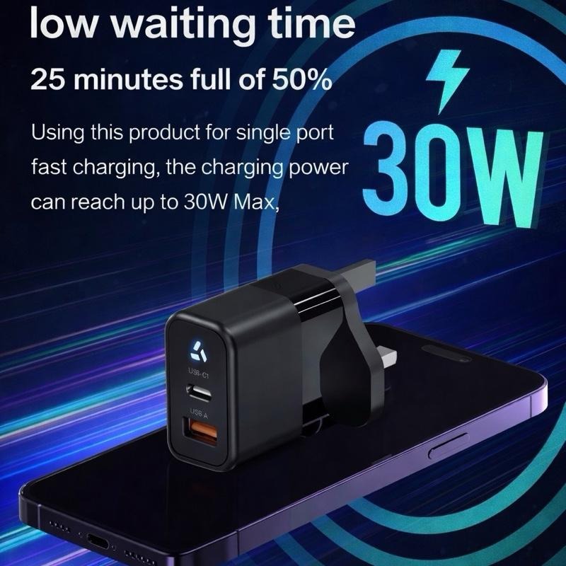 30W Fast Charger Plug PD USB-C & USB-A | Dual Port Quick Charge | UK 3-Pin | For iPhone Samsung iPad