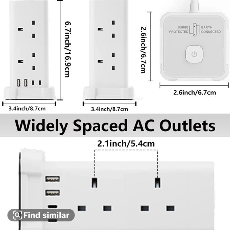 UK 3 Tower Extension 8 Outlets&4 USB Ports 13A 3250W Surge Protected- 3 Sided Outlet Extender- Surge Protector Power Strip- Desktop Charging Station with Overload Protection multi plugs electric cable