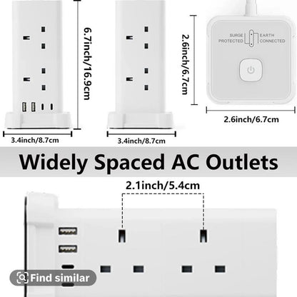 UK 3 Tower Extension 8 Outlets&4 USB Ports 13A 3250W Surge Protected- 3 Sided Outlet Extender- Surge Protector Power Strip- Desktop Charging Station with Overload Protection multi plugs electric cable