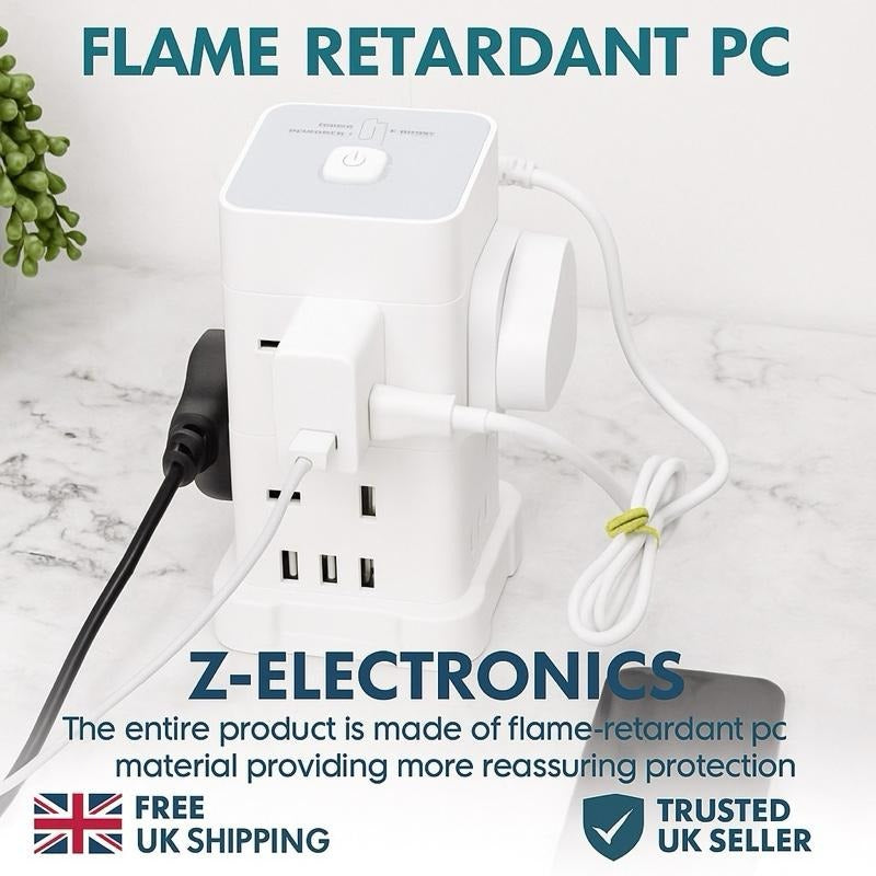 UK 3 Tower Extension 8 Outlets&4 USB Ports 13A 3250W Surge Protected- 3 Sided Outlet Extender- Surge Protector Power Strip- Desktop Charging Station with Overload Protection multi plugs electric cable