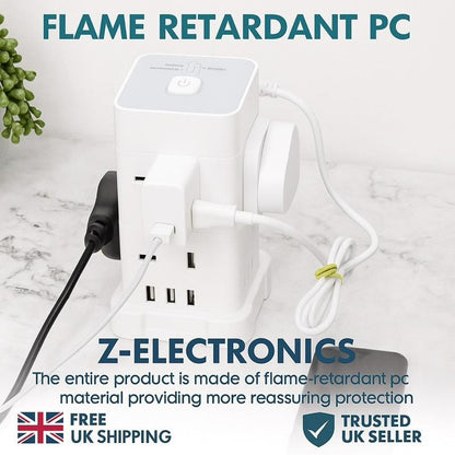 UK 3 Tower Extension 8 Outlets&4 USB Ports 13A 3250W Surge Protected- 3 Sided Outlet Extender- Surge Protector Power Strip- Desktop Charging Station with Overload Protection multi plugs electric cable