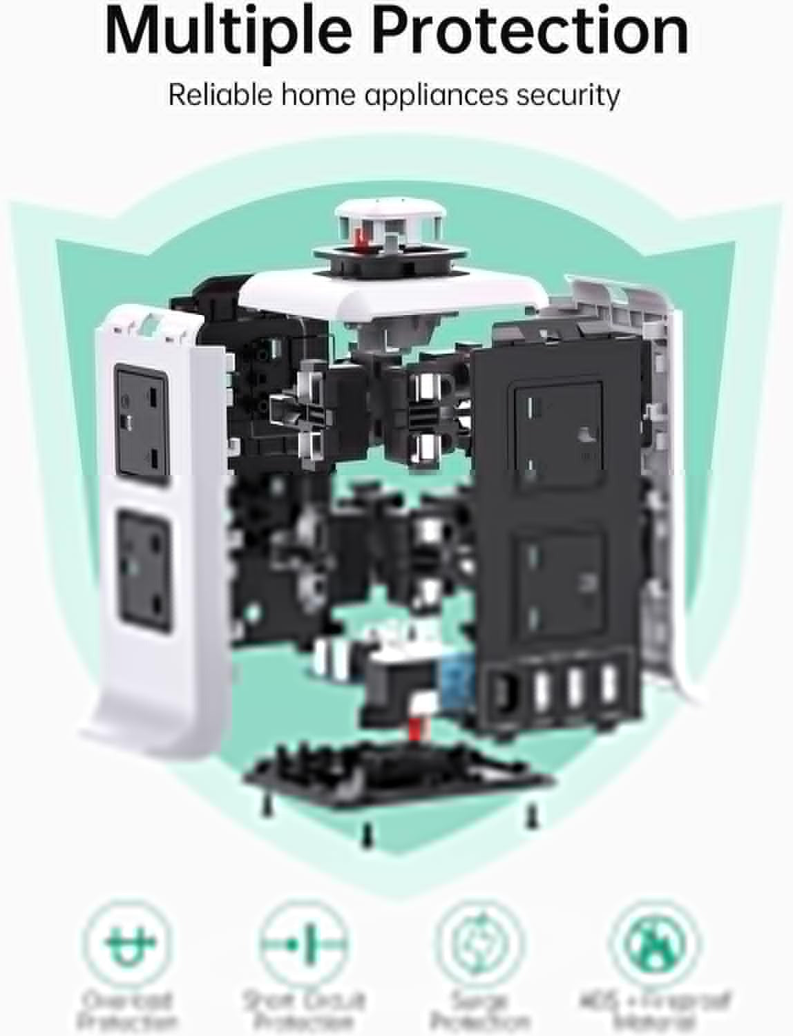 Tower Extension Lead with USB C Slots, 8 Way Multi Plug Extension Tower (13A 3250W)，Surge Protected with Switch, 2M Extension Cable, Plug Socket Extension Cord for Home, Office plugs power strip