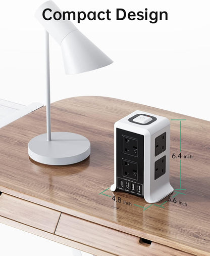 Tower Extension Lead with USB C Slots, 8 Way Multi Plug Extension Tower (13A 3250W)，Surge Protected with Switch, 2M Extension Cable, Plug Socket Extension Cord for Home, Office plugs power strip