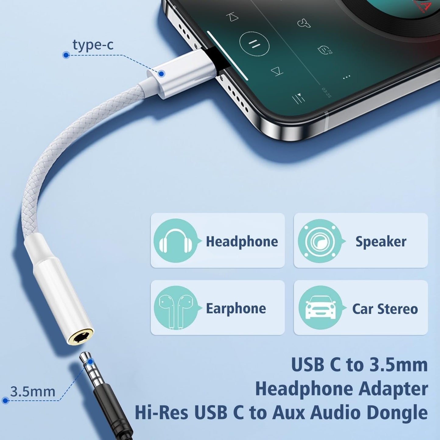 USB C to 3.5mm Jack, Type C to Headphone Adapter, Type C to 3.5mm Headphone Auxiliary Audio Headphone Adapter Compatible with iPhone 15/15 Pro/Pro Max/Plus, Samsung Galaxy S23/S23/S22/S21Ultra Digital Aluminum Device Plug Shell