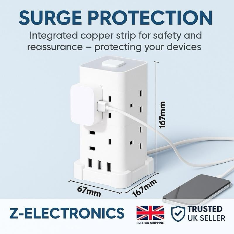 UK 3 Tower Extension 8 Outlets&4 USB Ports 13A 3250W Surge Protected- 3 Sided Outlet Extender- Surge Protector Power Strip- Desktop Charging Station with Overload Protection multi plugs electric cable