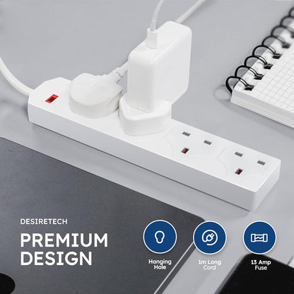 White Electric Extension Lead - 4 Gang, 1 Metre Cable with UK Plug & 3 Pin Socket Wall Mountable & Multi Socket Mains Strip for Home,Bedroom, Kitchen,